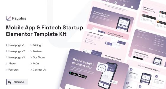 Payplus – Mobile App and Fintech Startup Elementor Template Kit