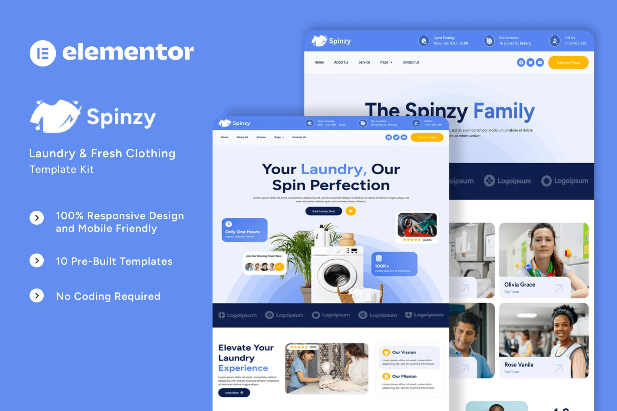 Spinzy – Laundry and Fresh Clothing Elementor Template Kit