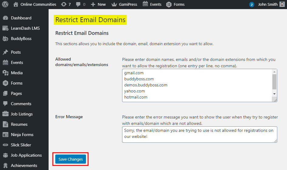 WordPress Restrict Email Domains