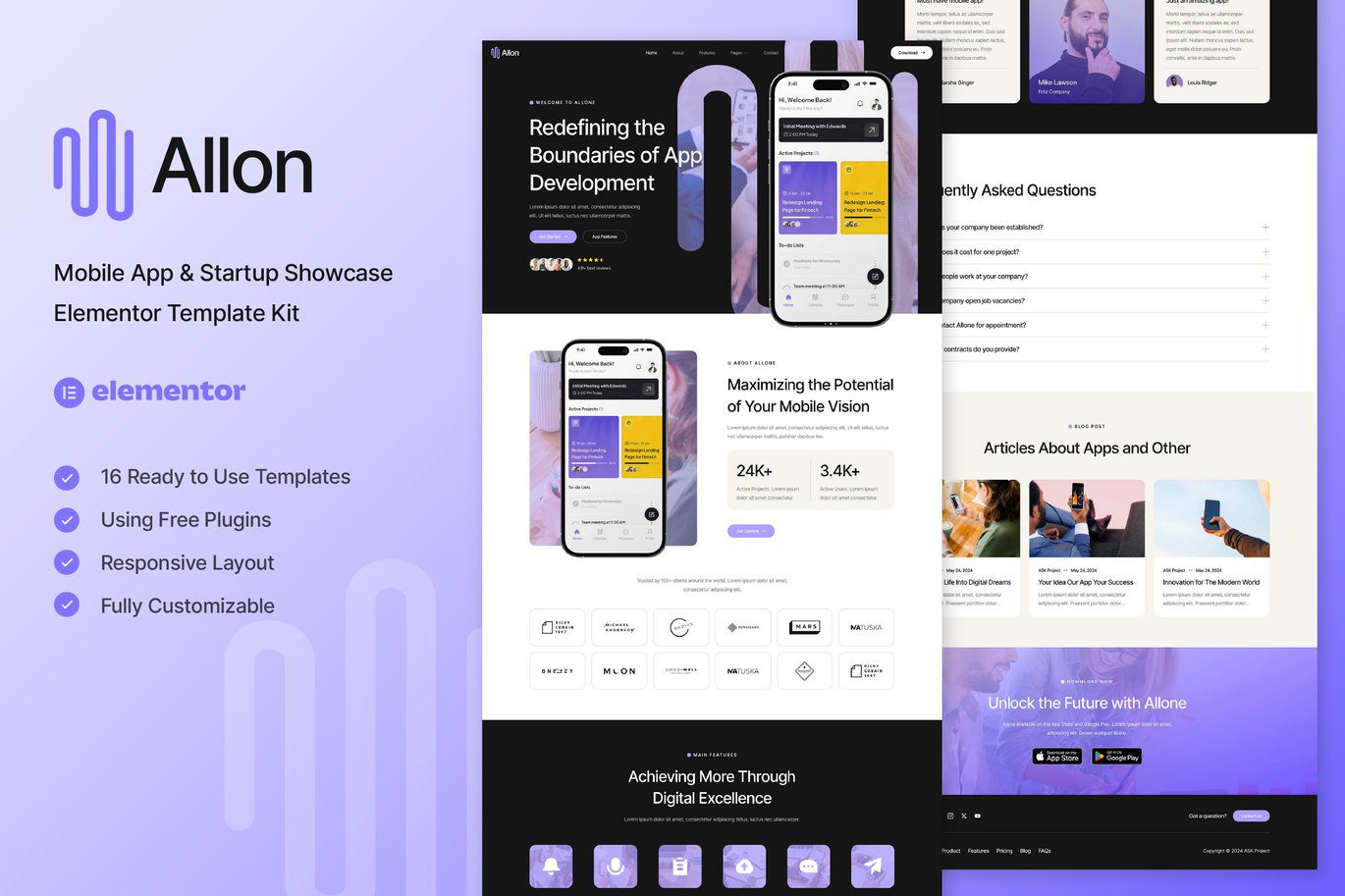 Allon – Mobile App and Startup Showcase Elementor Template Kit