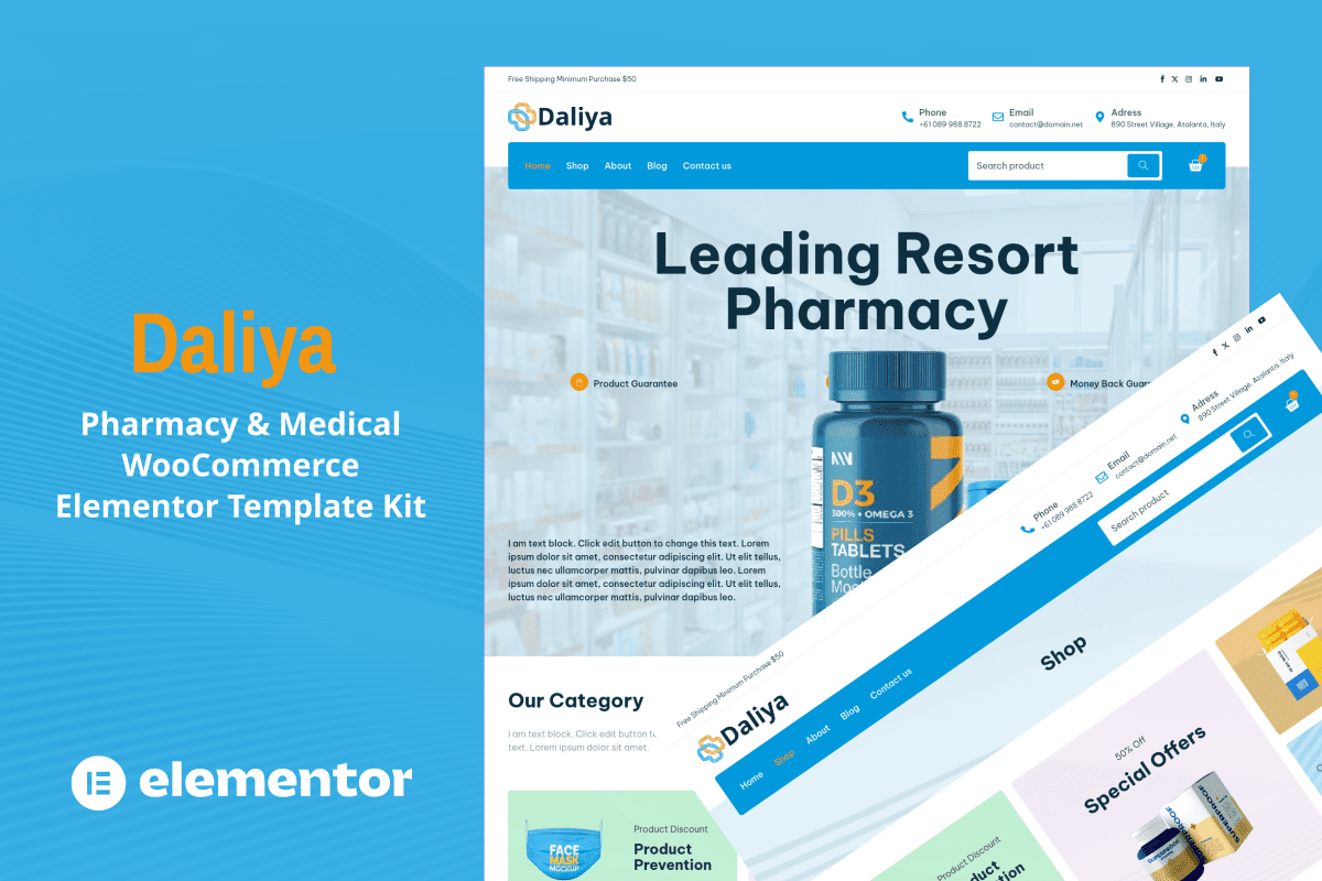 Daliya – Pharmacy and Medical Store WooCommerce Elementor Pro Template Kit