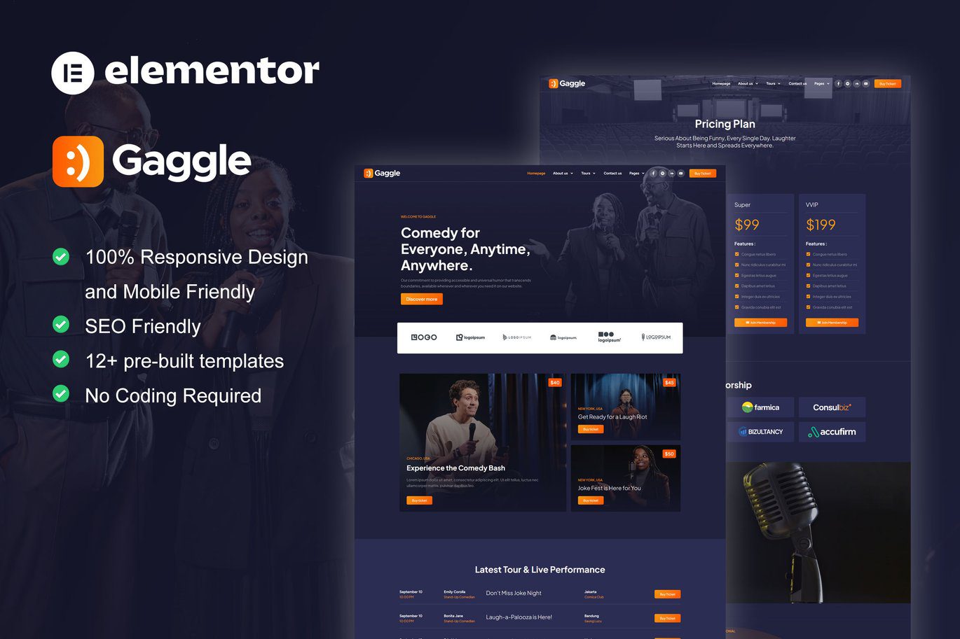 Gaggle – Comedian and Entertainment Show Elementor Pro Template Kit