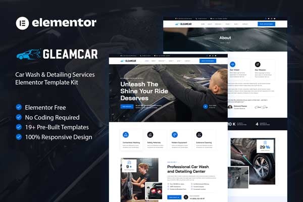 Gleamcar – Car Wash and Detailing Service Elementor Template Kit