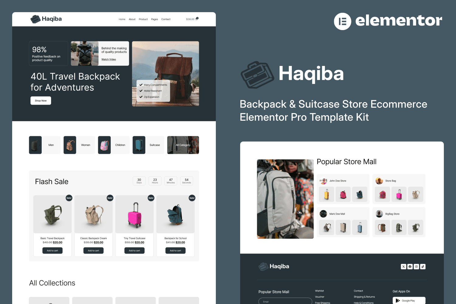 Haqiba – Backpack and Suitcase Store Ecommerce Elementor Pro Template Kit