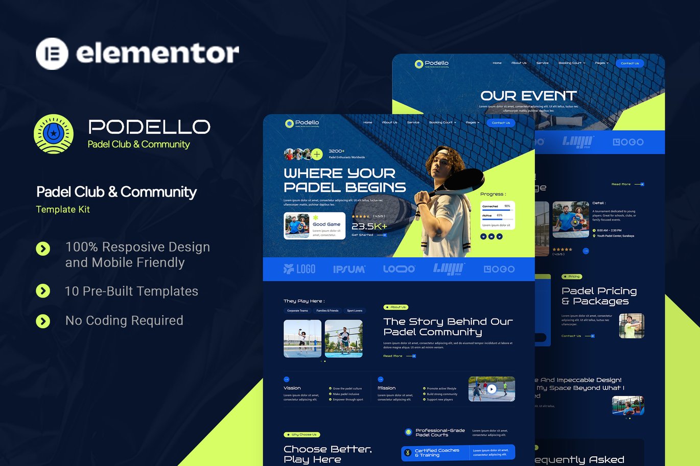 Podello – Padel Club and Community Elementor Template Kit