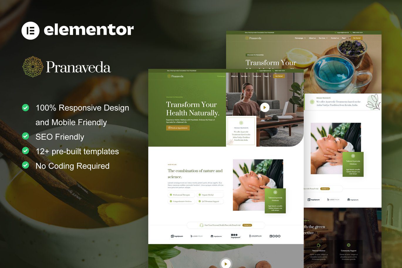 PranaVeda – Ayurveda Treatment and Spa Elementor Pro Template Kit