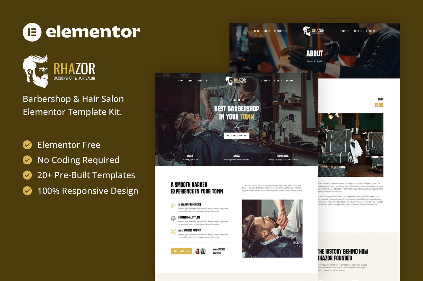Rhazor – Barbershop and Hair Salon Elementor Template Kit