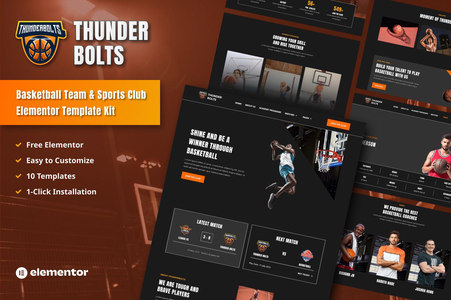 Thunderbolts – Basketball Team and Sports Club Elementor Template Kit