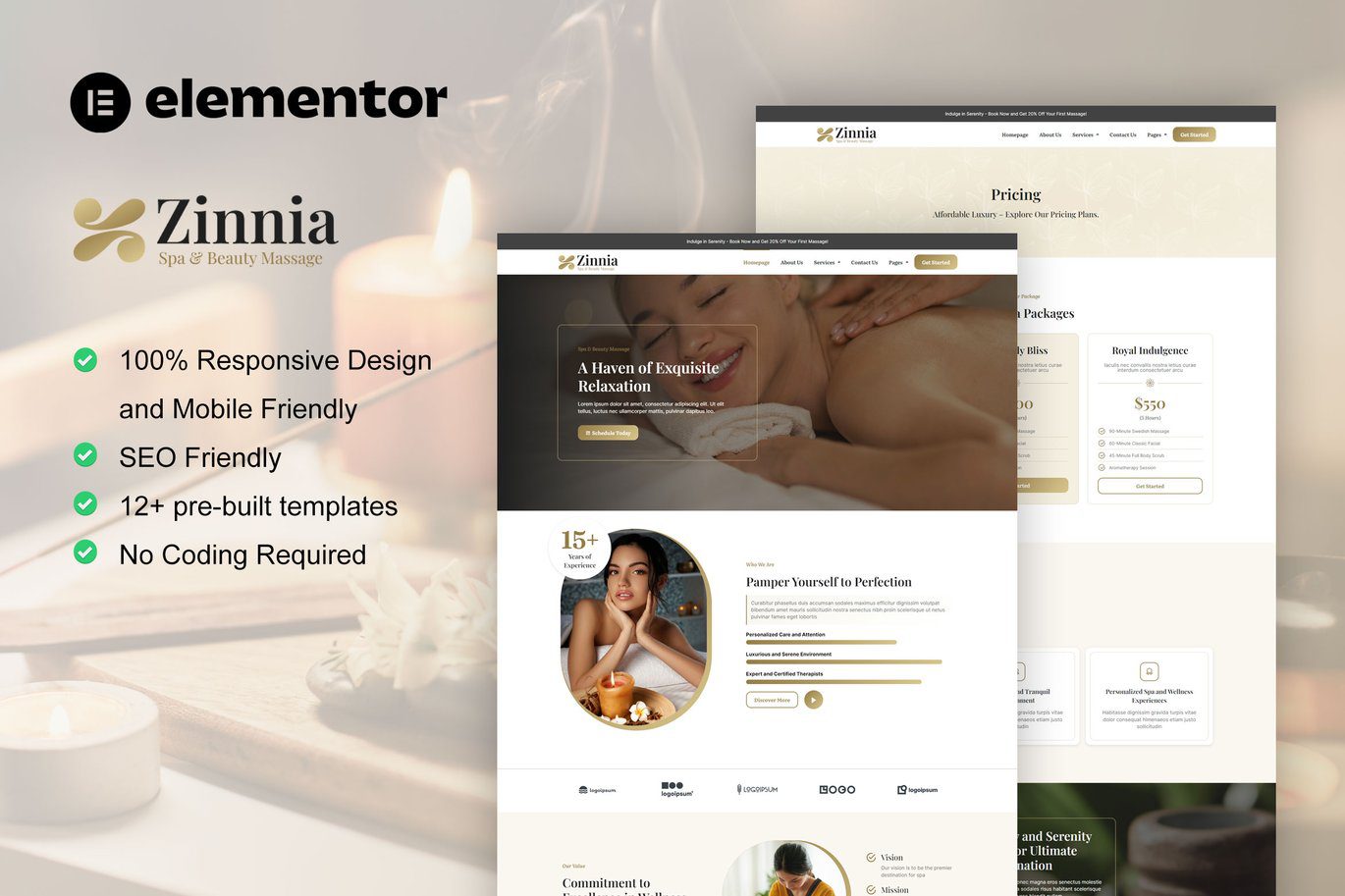 Zinnia – Spa and Beauty Care Elementor Pro Template Kit