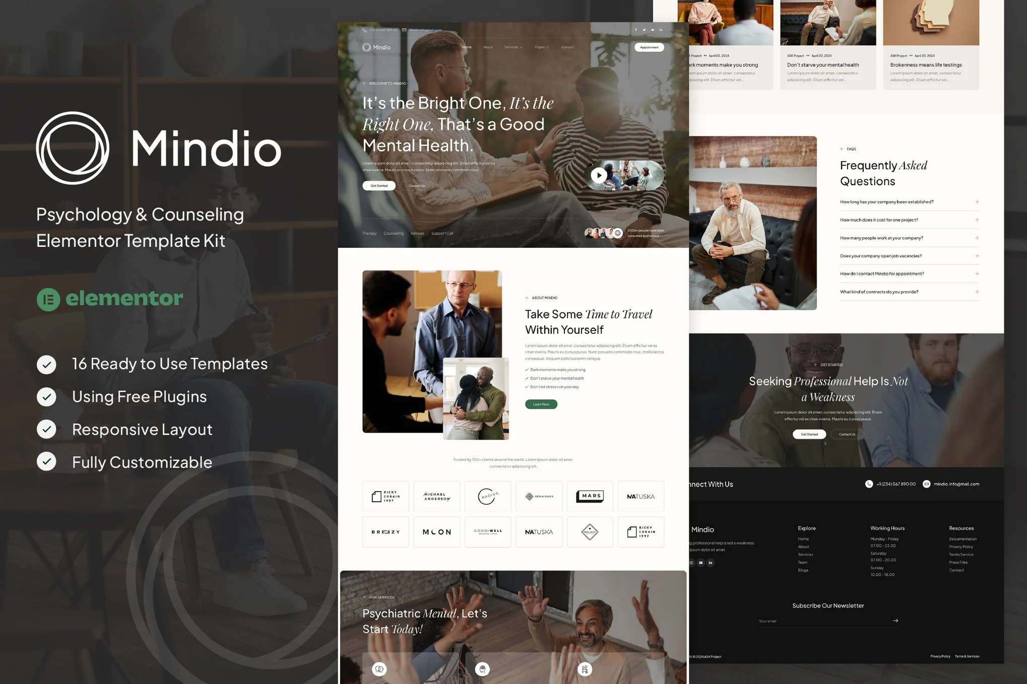 Mindio – Psychology and Counseling Elementor Template Kit