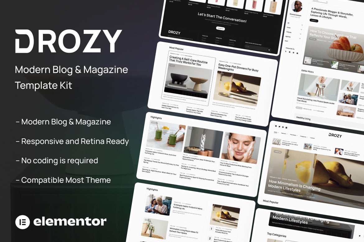 Drozy – Modern Blog and Magazine Elementor Pro Template Kit