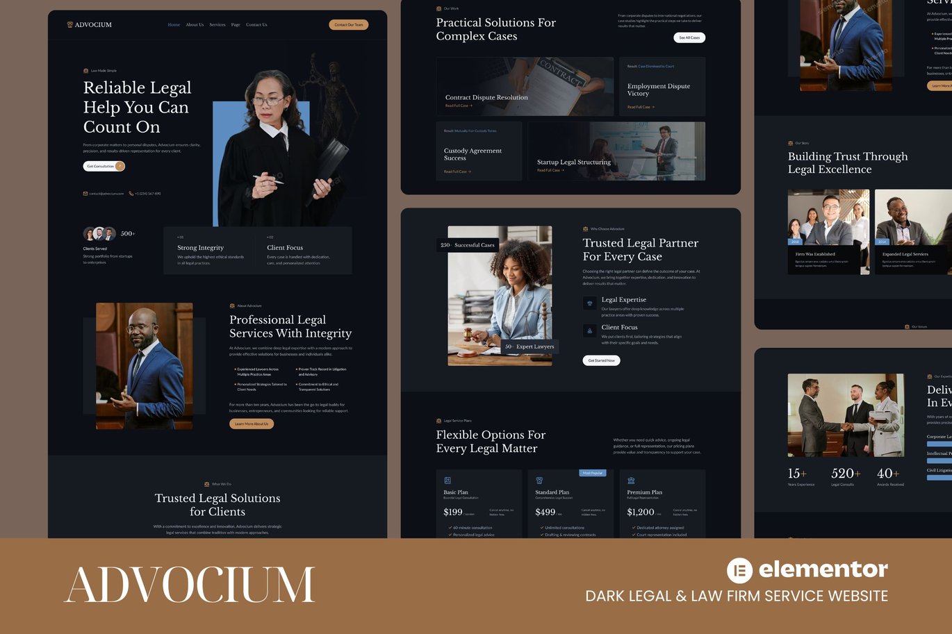 Advocium – Dark Legal and Law Firm Service Website Elementor Template Kits