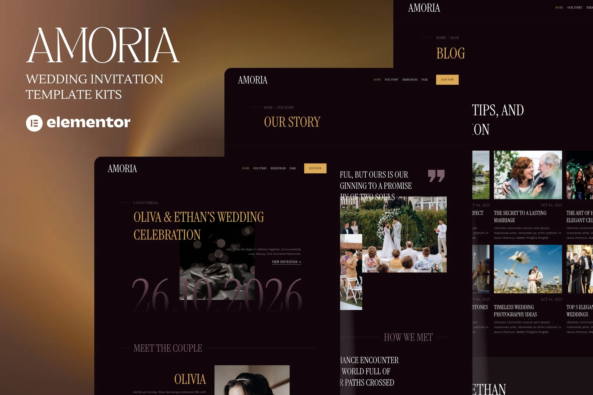 Amoria – Dark Luxury Wedding Invitation Website Elementor Template Kits