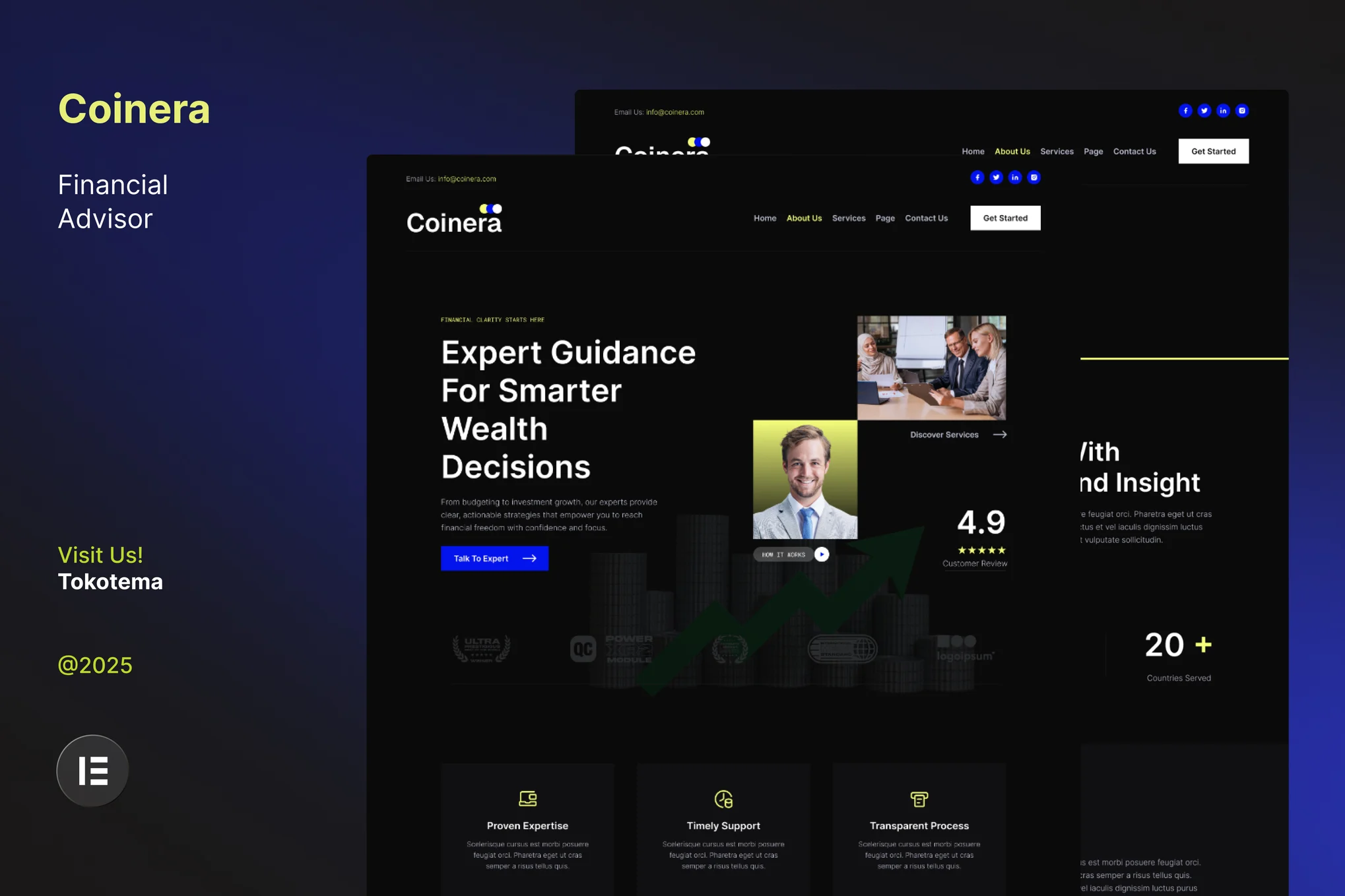 Coinera – Dark Financial Advisor and Coaching Website Elementor Template Kit
