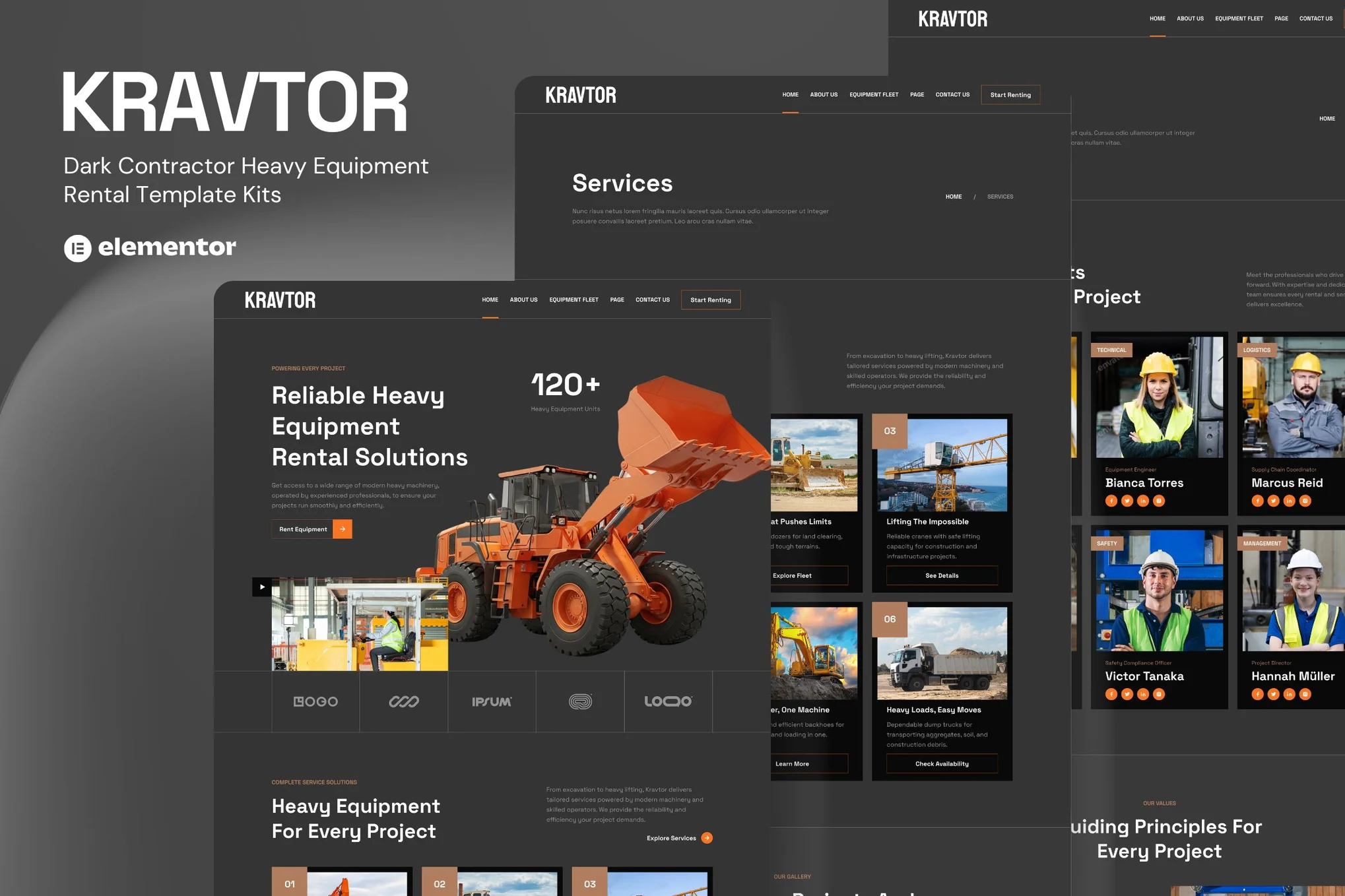 Kravtor – Contractor Heavy Equipment Rental Website Elementor Template Kit