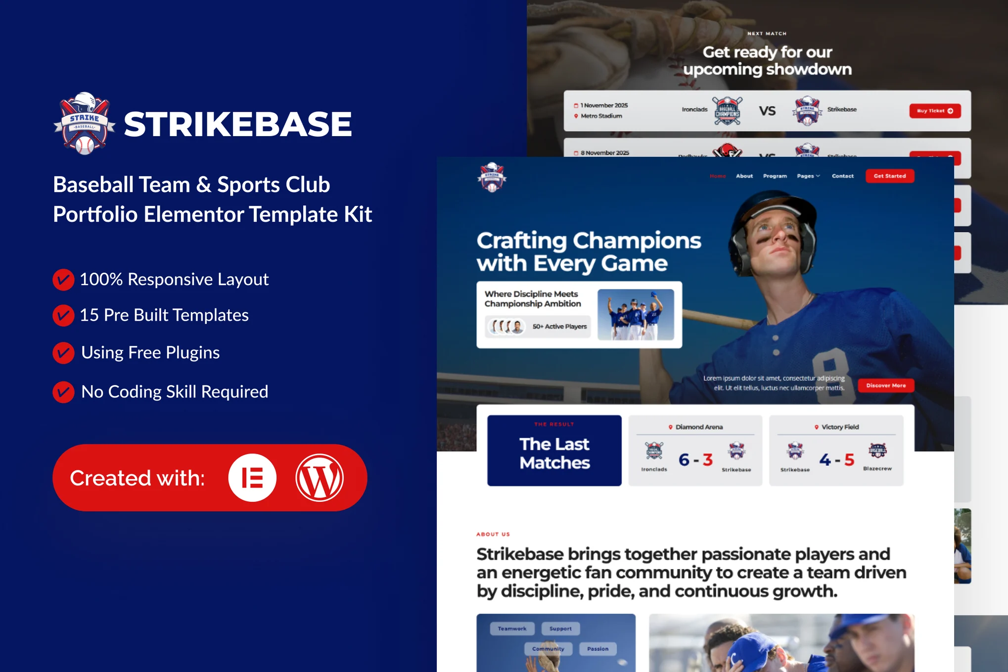 StrikeBase – Baseball Team and Sport Club Elemtor Template Kit
